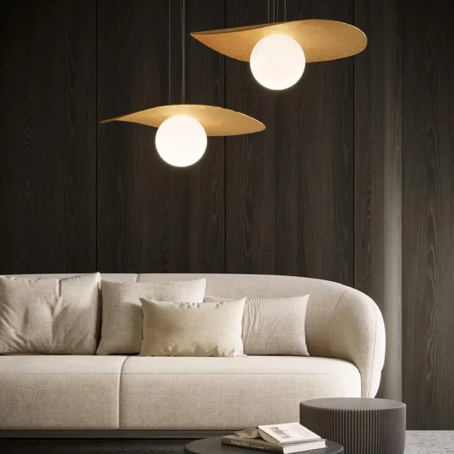 Distinguished Stillux Balloons suspension lamp with a petal-shaped silhouette in golden hammered metal and matt white glass