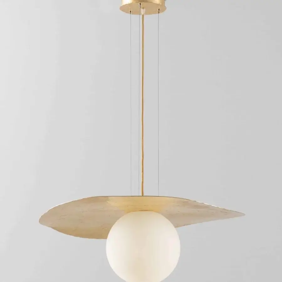 Superior Stillux Balloons suspension lamp with a woven cable design in matt white glass and light golden hammered metal