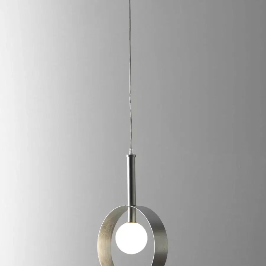 Elegant Stillux Balloons suspension lamp with a smooth metal ring embracing an illuminated spherical bulb in matte metallic finish