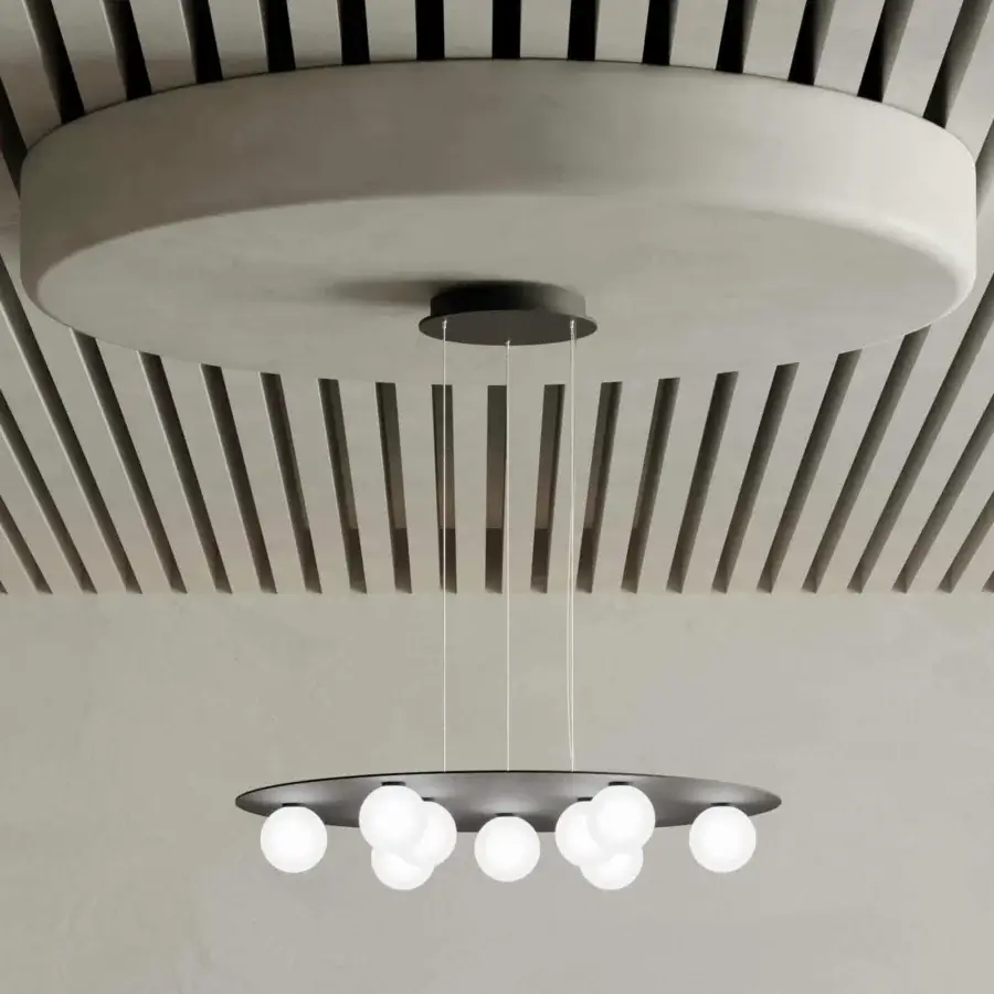 Superior Stillux Balloons suspension lamp with nine matt white glass spheres suspended from dark gray metal