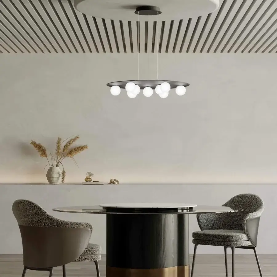 Captivating Stillux Balloons suspension lamp with nine uniformly sized matt white glass spheres suspended from a dark-toned metal disc