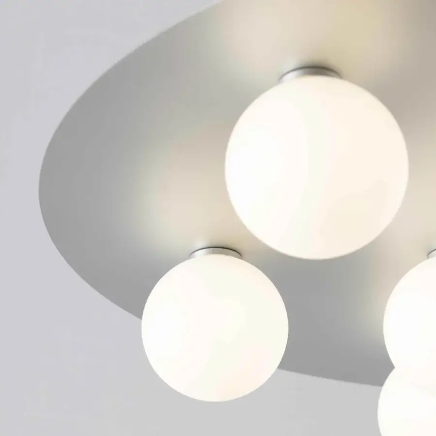 Elegant Stillux Balloons suspension lamp with nine uniformly sized matt white glass spheres and a thin metal structure