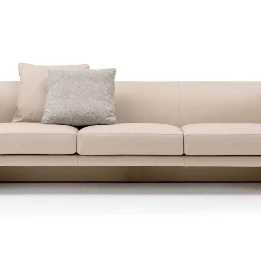 Exceptional Turri Blossom sofa with light beige textile upholstery, parabolic arches and delicate metal details