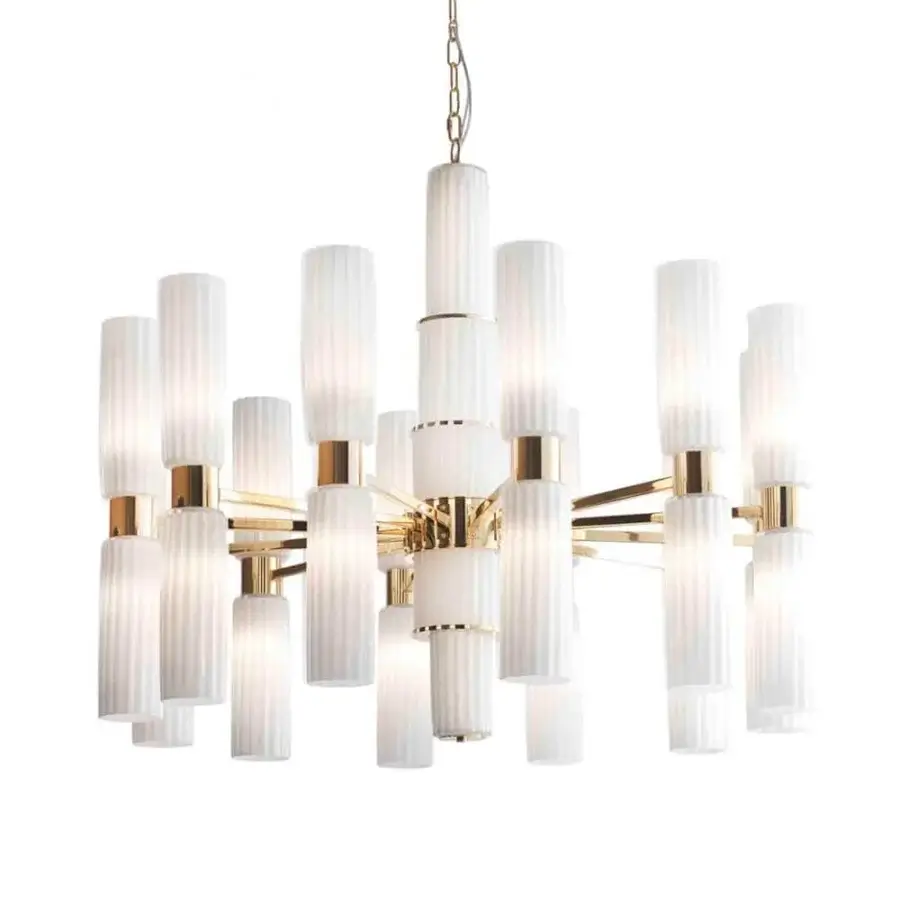 Superior Stillux Lighting Lab ceiling lamp with vertically aligned ribbed white glass diffusers and gold-toned metal framework
