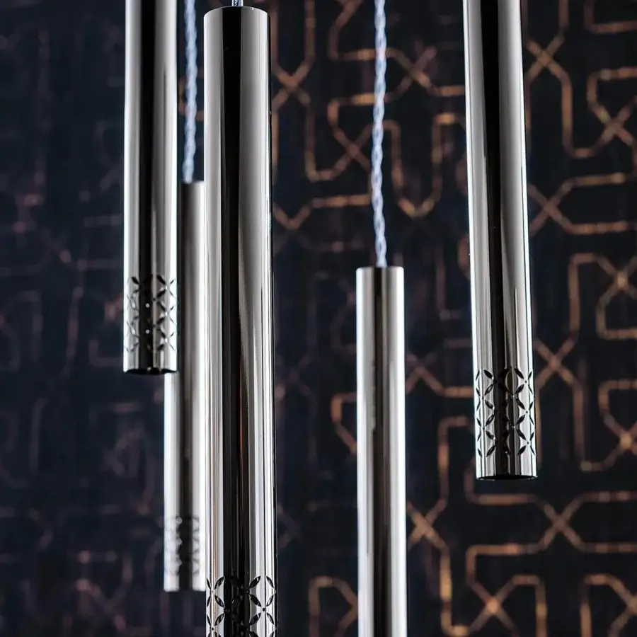 Sophisticated Cattelan Italia Stilo suspension lamp in black chrome steel with cylindrical forms and patterned details