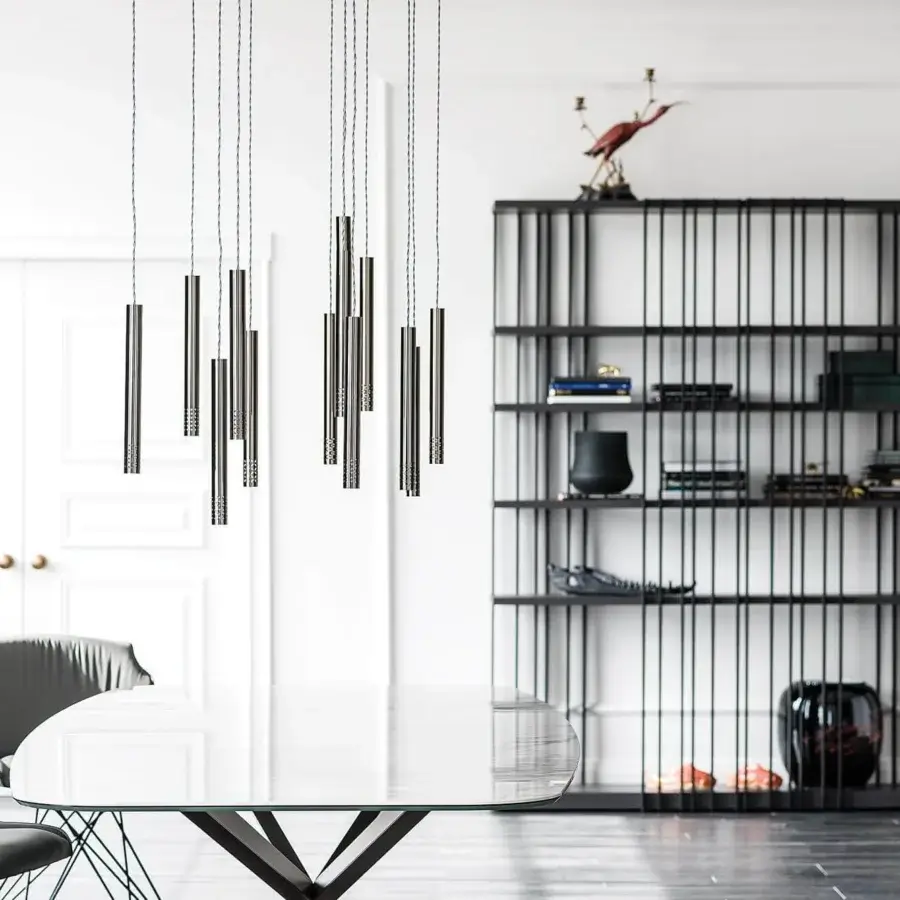 Distinguished Cattelan Italia Stilo suspension lamp crafted with cylindrical lampshades in sleek black chrome steel and polished finish