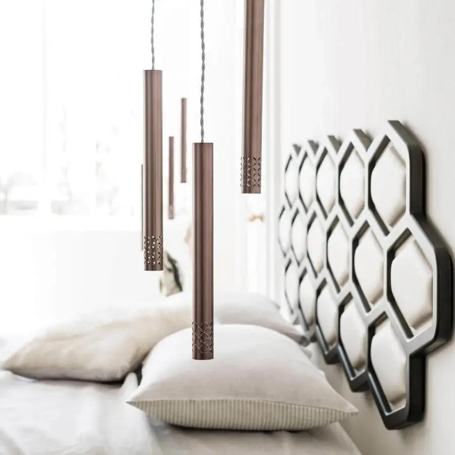 Elegant Cattelan Italia Stilo suspension lamp with cylindrical lampshade in satin bronze steel and grey cord
