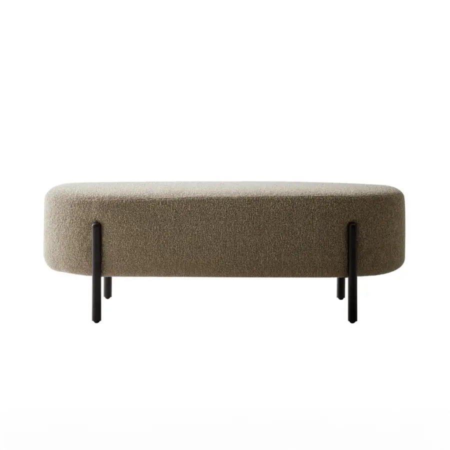 Exceptional Bolzan Letti Flag bench with muted brown tweed-like fabric upholstery and slender dark metal legs