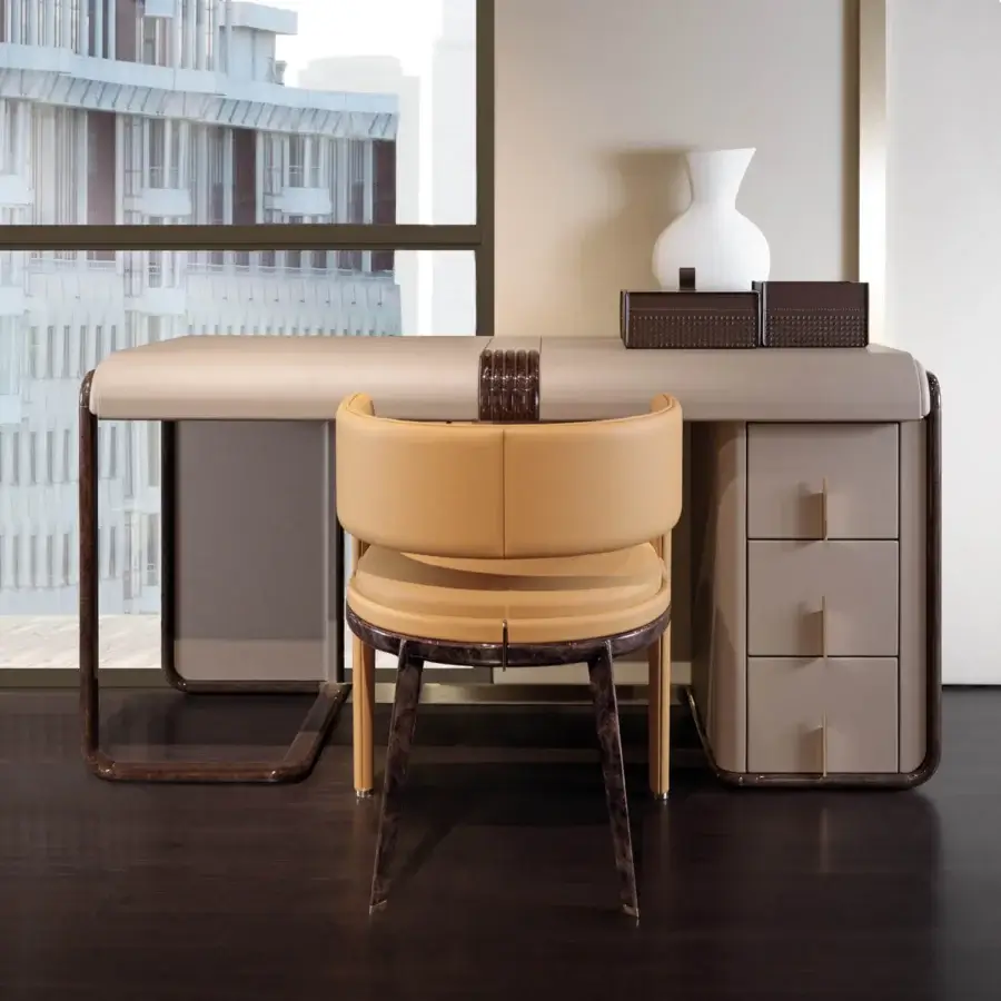 Lavish Turri Eclipse armchair with light tan fabric upholstery, curved dark wood legs and light gold finish metal details