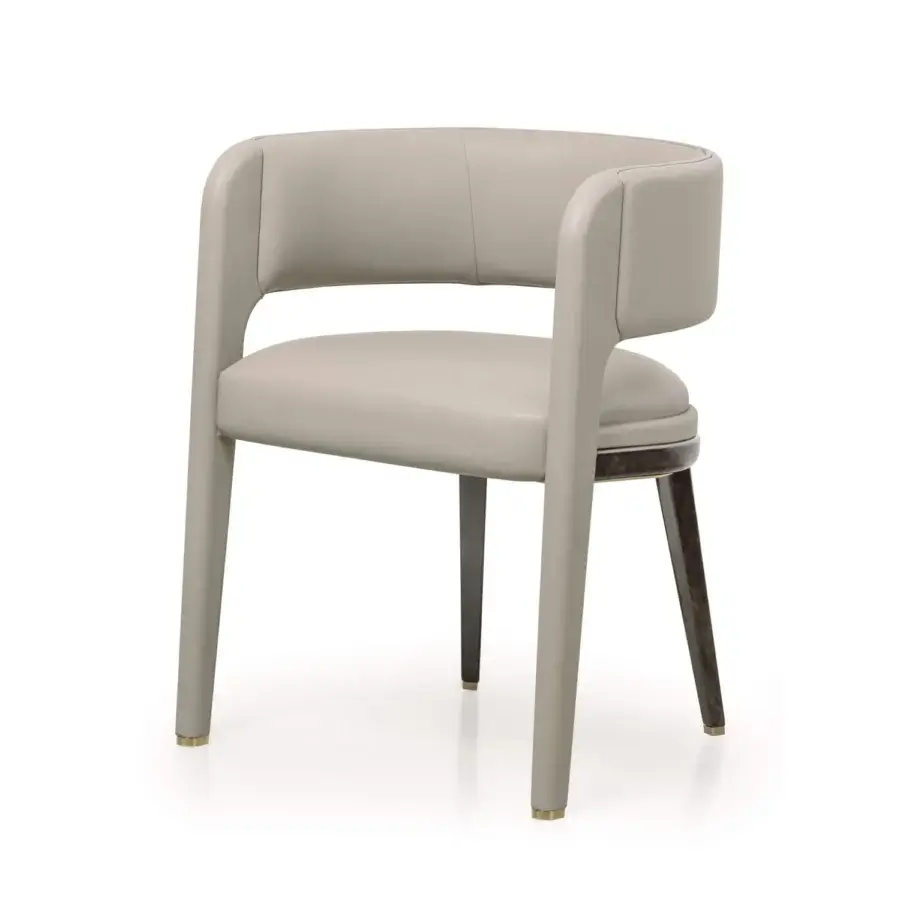 Distinguished Turri Eclipse armchair with light gray leather upholstery, wood legs crafted with decorations and lustrous light gold metal details