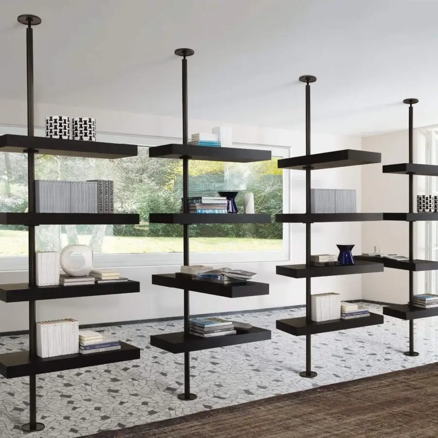 Superior Porada Domino Expo bookcase with revolving shelves in ash wenge stained wood and brown matt metal pole