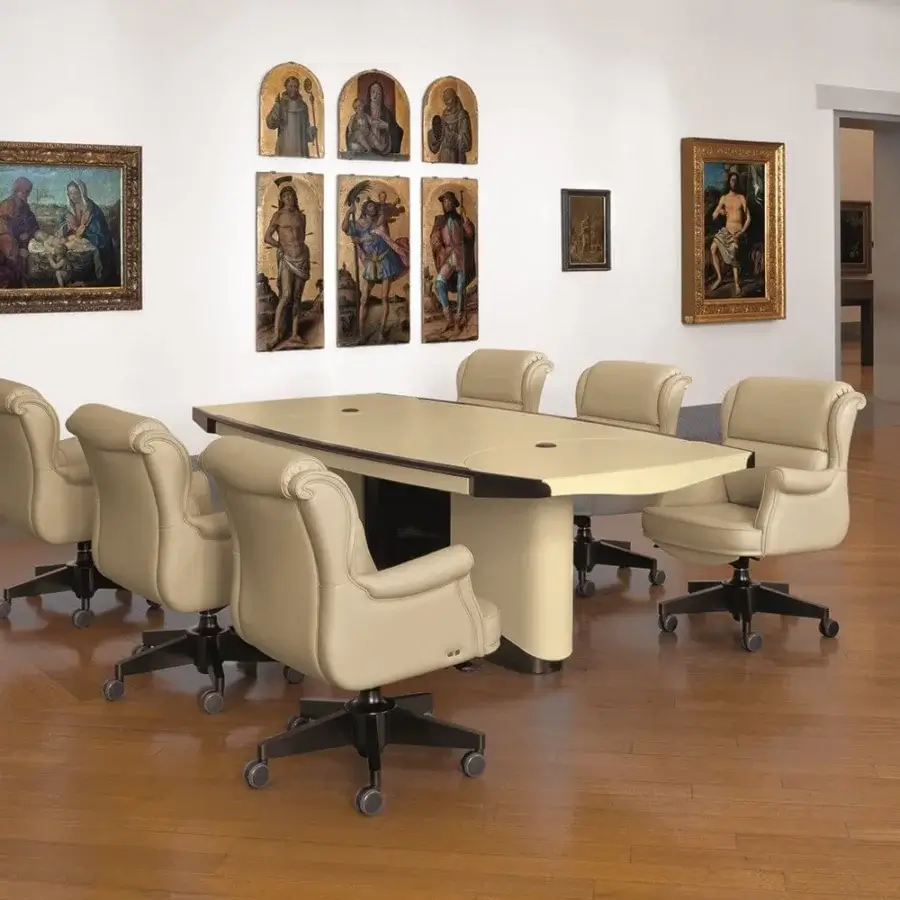 Exceptional Mascheroni Planet conference table with a light beige top and dark leather trim in a matte finish