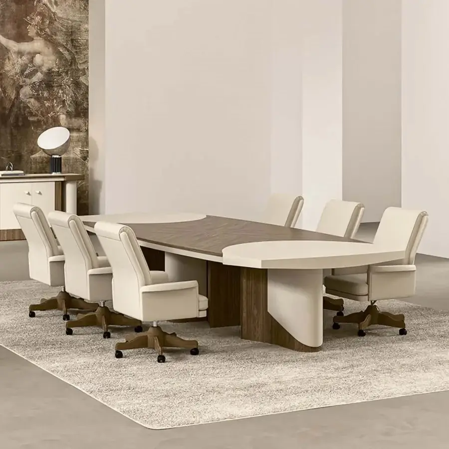 Superior Mascheroni Planet conference table with dark matte wood and light-colored multilayer wood, built with natural leather upholstery