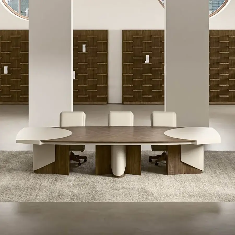 Distinguished Mascheroni Planet conference table built with wood, natural leather, and creamy white material with matte finish