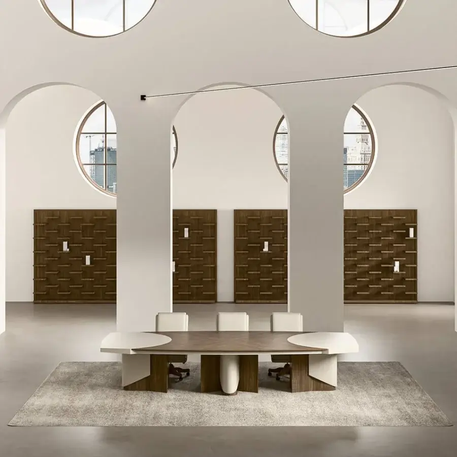 Exceptional Mascheroni Planet conference table crafted with wood, multilayer blockboard, and natural leather in herringbone with smooth segments