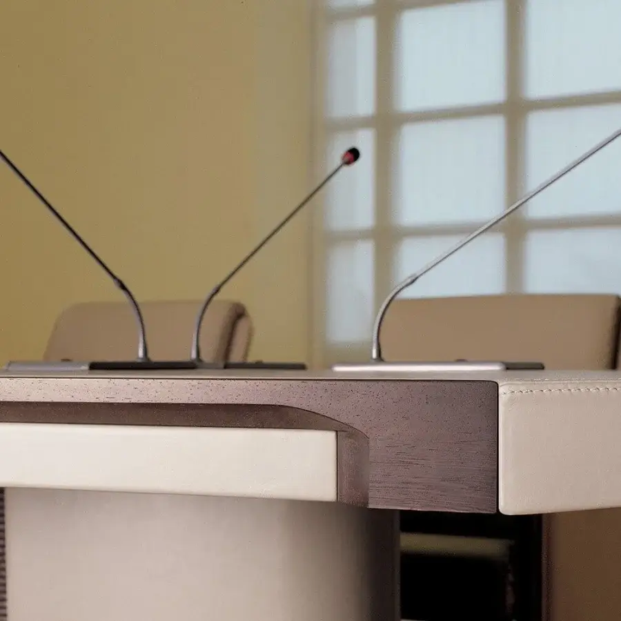 Elegant Mascheroni Planet conference table with light beige leather and dark brown stained wood elements