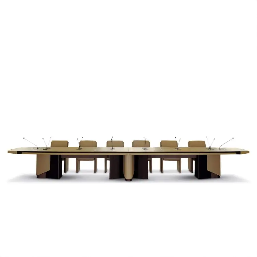 Distinguished Mascheroni Planet conference table with a segmented wood tabletop and natural leather trim in a matte finish