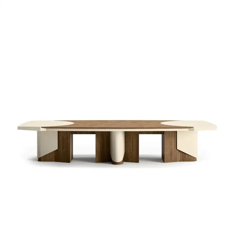 Exceptional Mascheroni Planet conference table crafted in wood with a chevron inlay and natural leather detailing