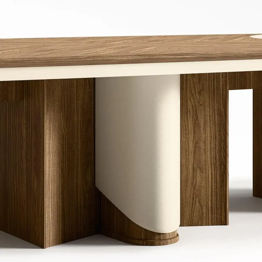 Elegant Mascheroni Planet conference table built with wood and composite legs featuring light cream supports and dark bases