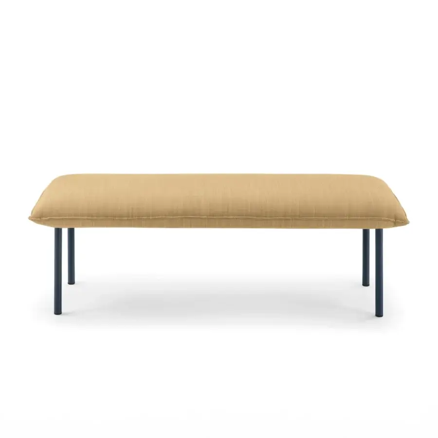 Refined Bolzan Letti Jill bench with a light brown textured fabric seat and matte dark blue metal legs crafted in Italy