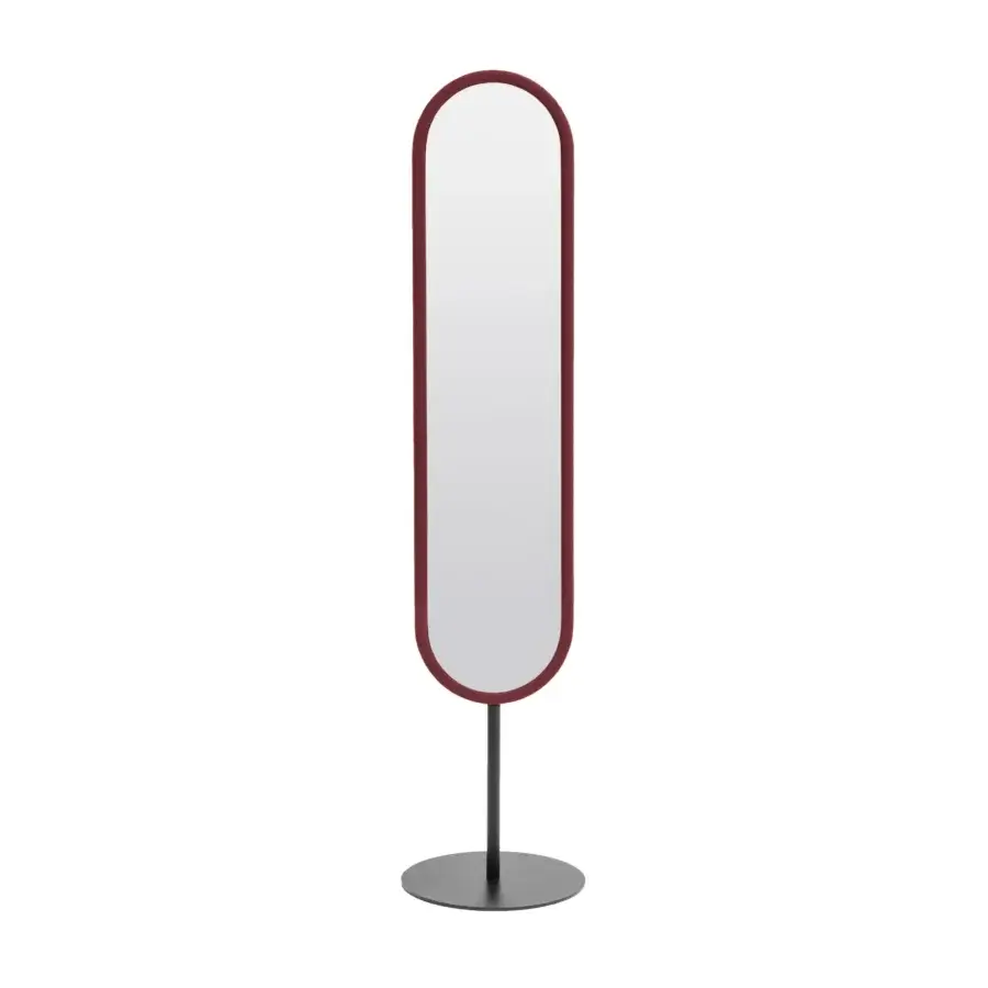 Distinctive Bolzan Letti Lap mirror with dark red padded fabric and sleek black metal base offering a minimalist design