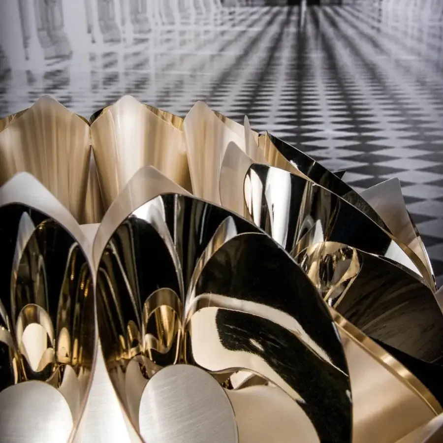 Superior Slamp Flora floor lamp with sixty golden petals finished using an innovative aluminum vaporization system