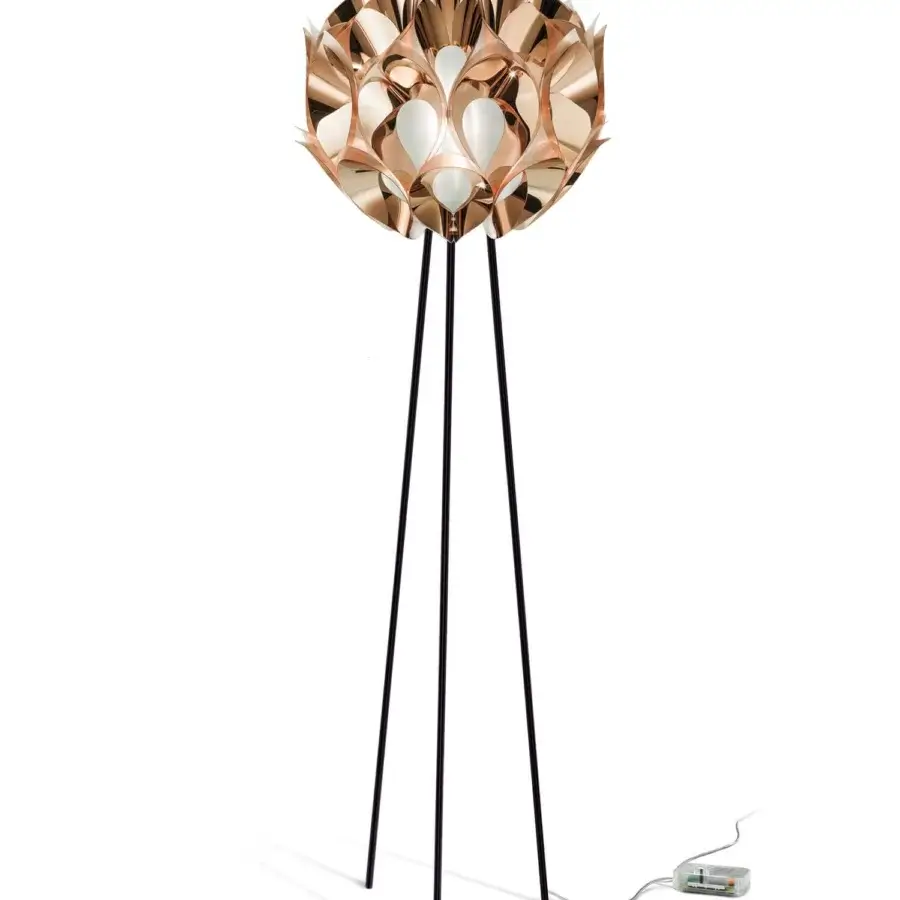 Superior Slamp Flora floor lamp inspired by a plant with glossy copper aluminum petals and dark metal legs