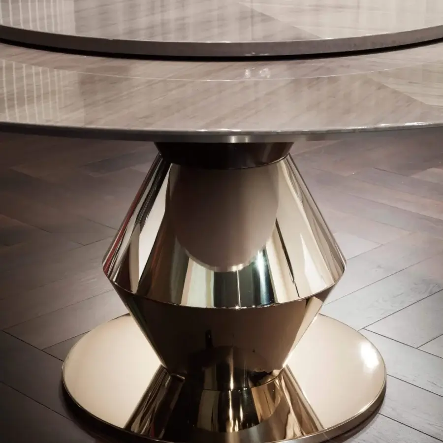 Exceptional Costantini Pietro Grand Palais table with a light brown tabletop and sinuous pedestal base in matte neutral with reflective elements