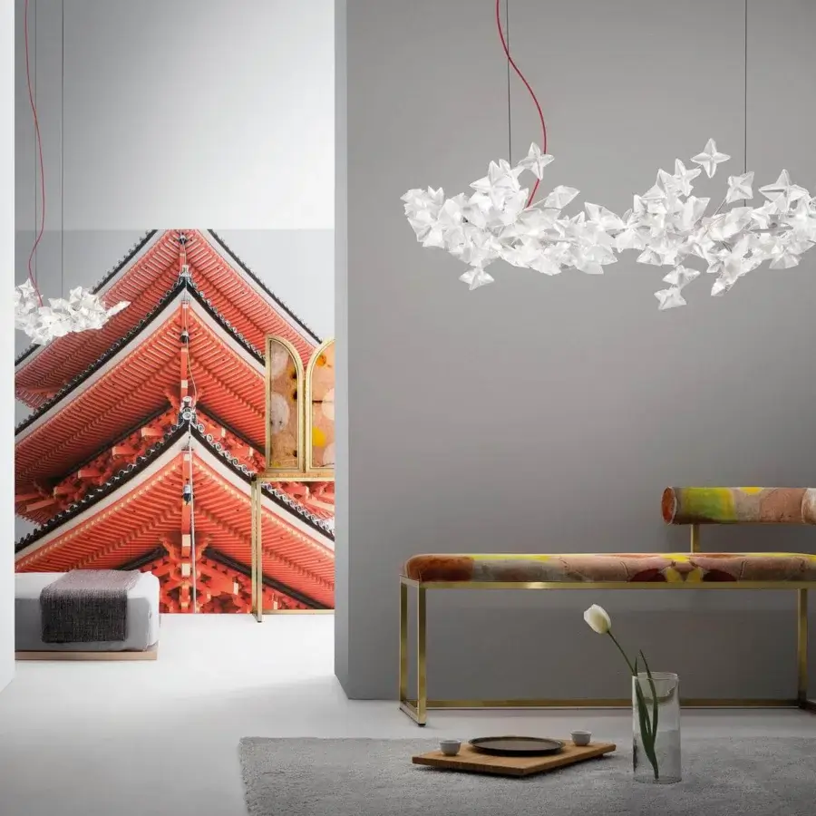 Elegant Slamp Hanami suspension lamp crafted in translucent white Lentiflex® with a painted steel frame creating a cloud-like silhouette