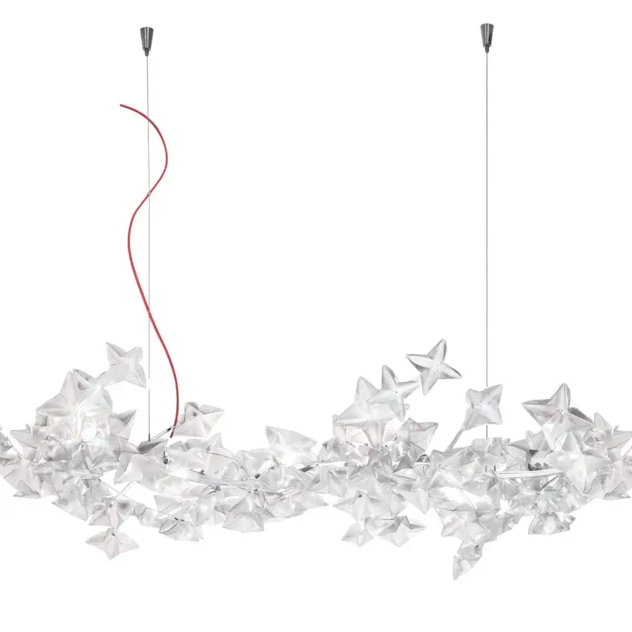 Elegant Slamp Hanami suspension lamp built in translucent Lentiflex® with silver and red cables creating a dynamic luminosity