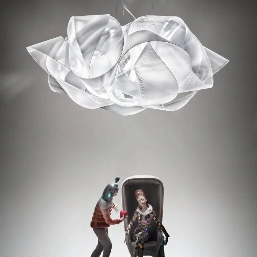 Distinguished Slamp Fabula suspension lamp crafted in iridescent Lentiflex® with a translucent white finish