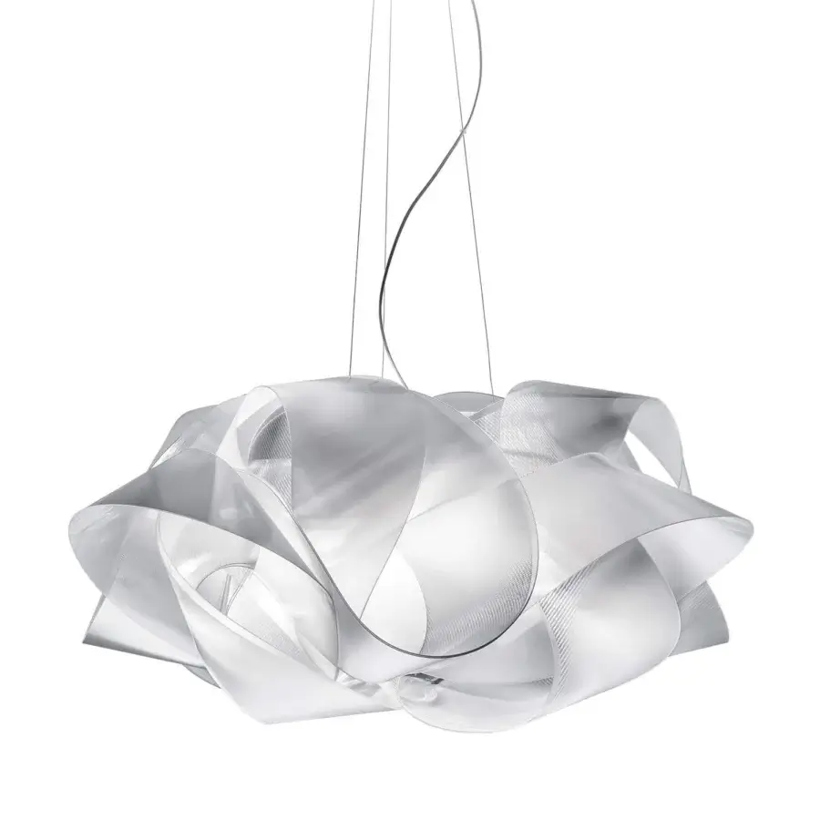Elegant Slamp Fabula suspension lamp with swirling form crafted in light silver-gray iridescent Lentiflex® material