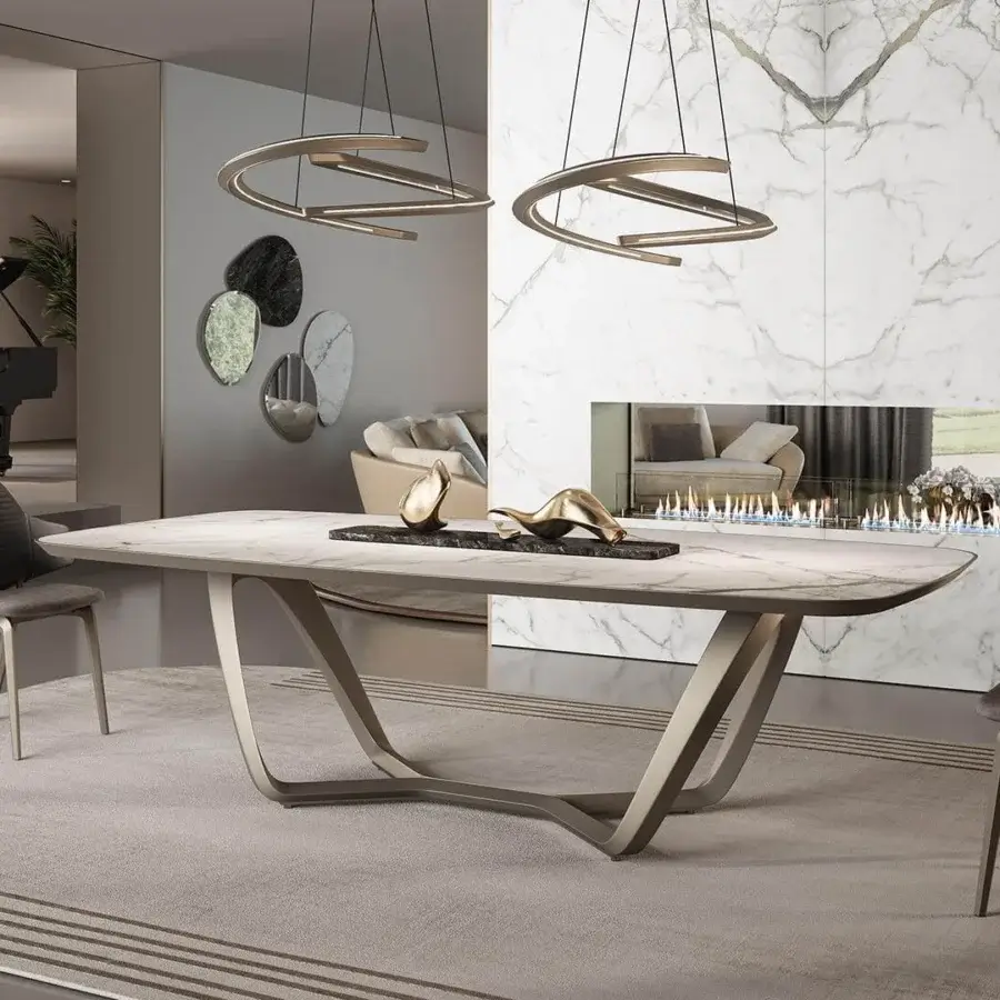 Exceptional Reflex Segno table with marble glass top and satin bronze metal V-shaped support construction