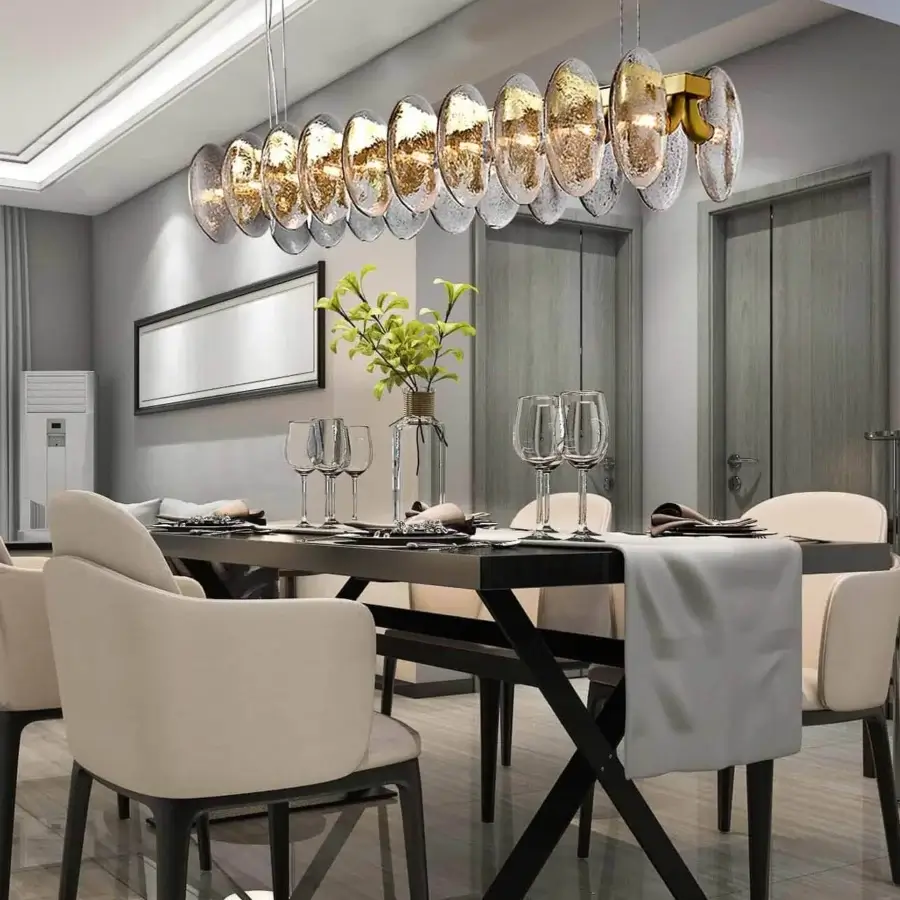 Superior Stillux Lighting Lab suspension lamp with twenty curved shapes and transparent glass ellipsoidal diffusers crafted in golden metal