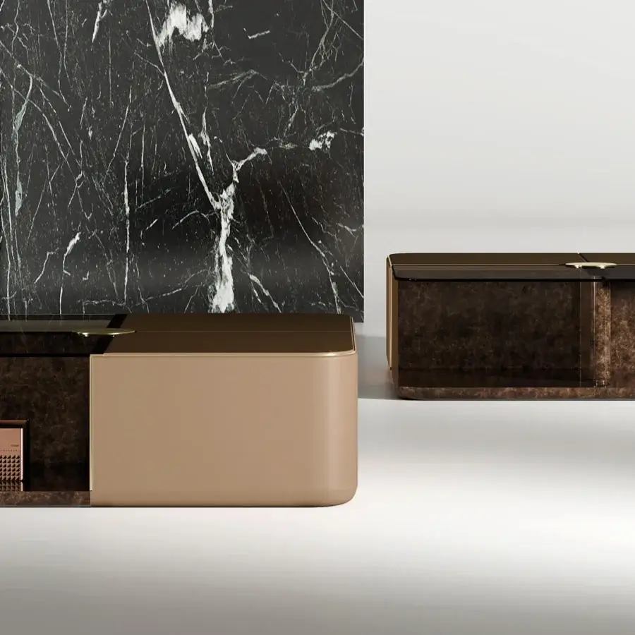 Distinguished Turri Eclipse coffee table built with wood, bronzed glass, and leather showcasing a darker stone finish with light gold details