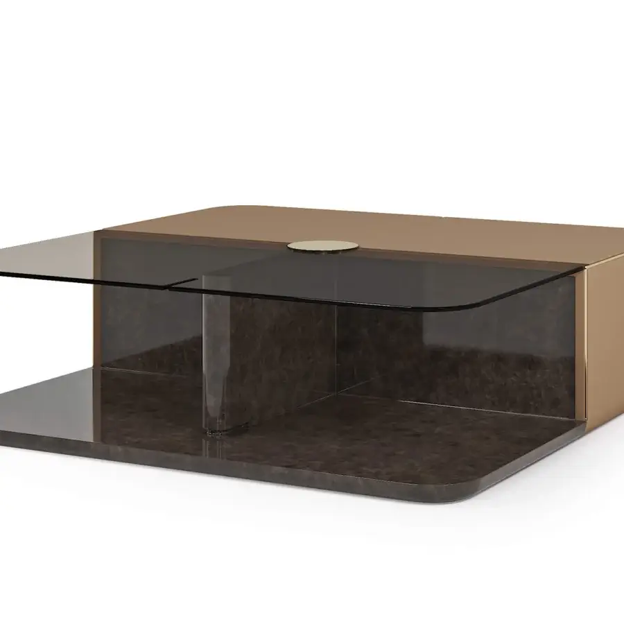 Lavish Turri Eclipse coffee table built with wood, bronzed glass, leather, and light gold metal with a glossy finish