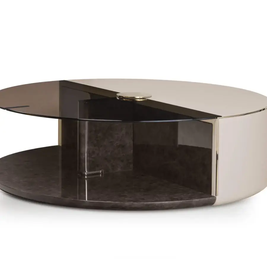 Superior Turri Eclipse coffee table with cylindrical form, bronzed glass, light cream glossy body, and light gold metal details