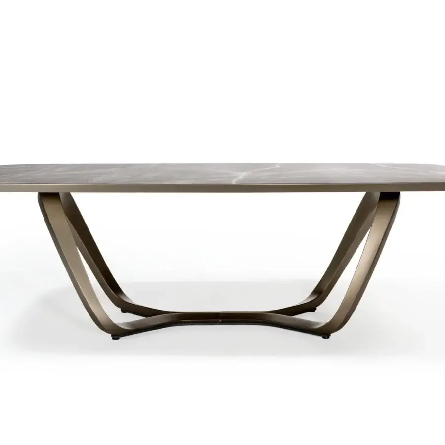 Superior Reflex Segno table with grey Marble Glass tabletop and curved matte bronze metal legs embodies contemporary design