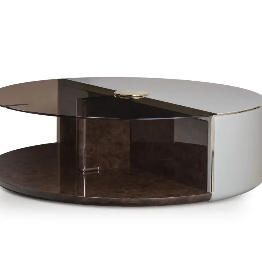 Exceptional Turri Eclipse coffee table with bi-level design, wood, bronzed glass, and light gold metal detailing in glossy finish