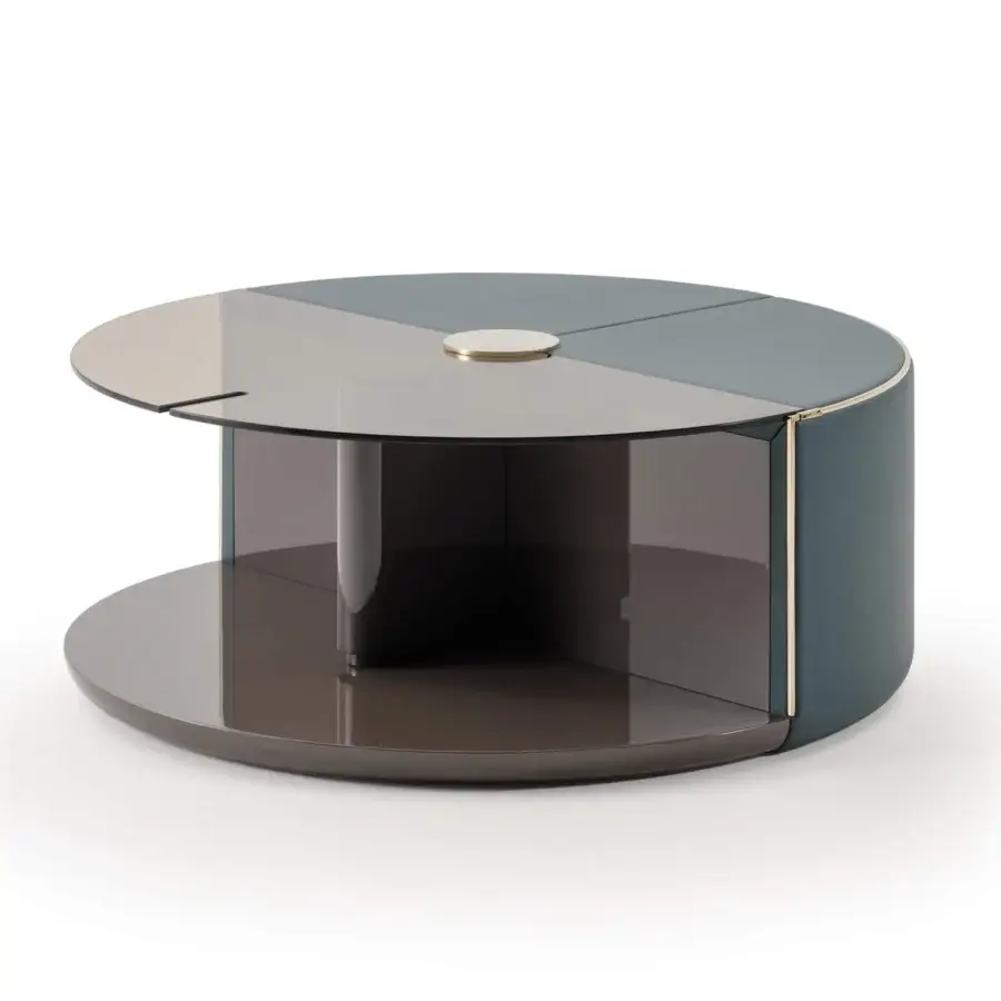 Distinguished Turri Eclipse coffee table with wood, bronzed glass, and leather in glossy gray and matte blue-gray finishes