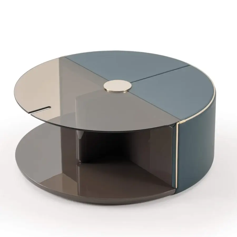 Lavish Turri Eclipse coffee table with wood, bronzed glass, and leather in matte blue-gray and glossy brown finishes