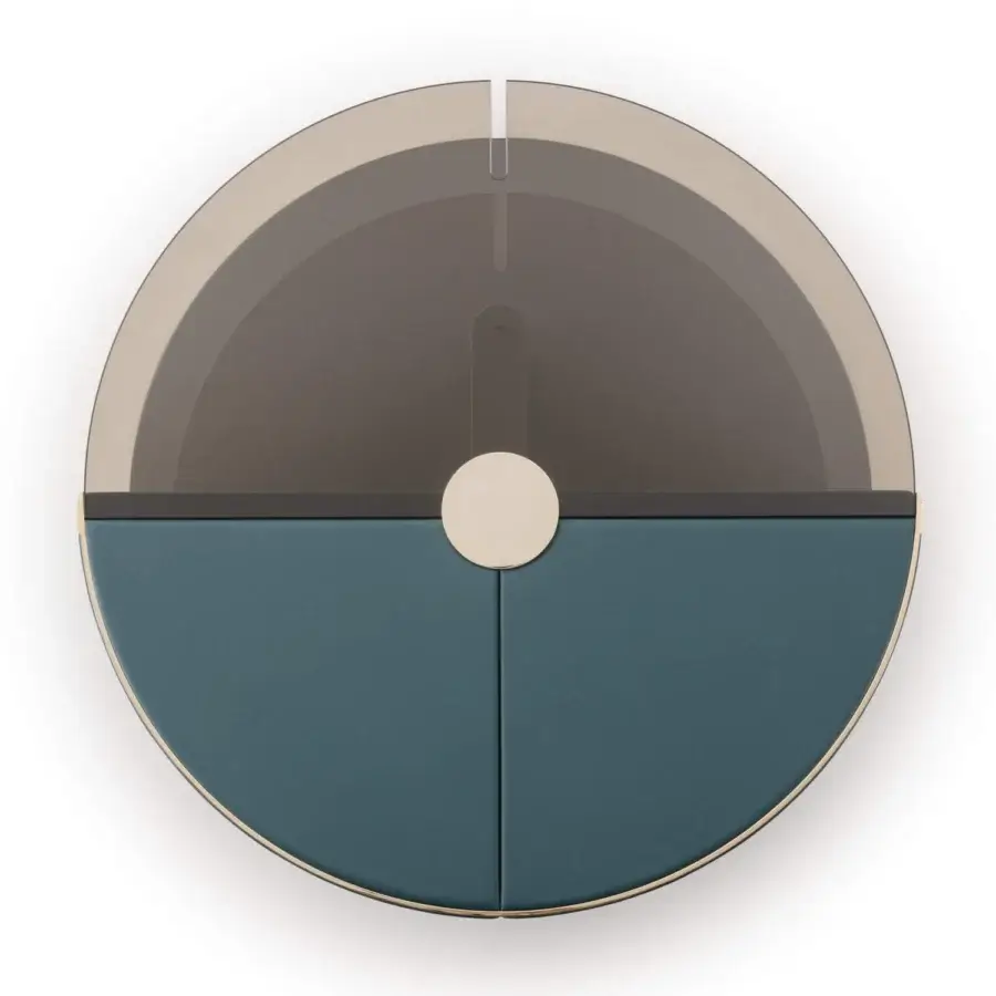 Exclusive Turri Eclipse coffee table with translucent gray gradients, teal doors, and light gold metal accents crafted in wood, glass, and leather