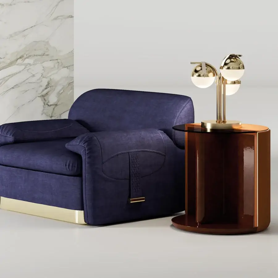 Exclusive Turri Eclipse side table with dark brown wood-like finish and bronzed glass top with light gold metal details
