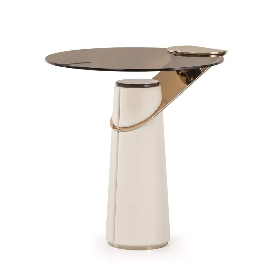 Exceptional Turri Eclipse side table with bronzed glass top and cream leather-covered wooden base crafted with light gold metal accents