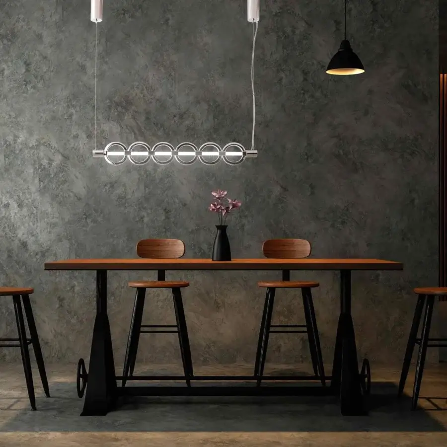 Elegant Stillux Chain suspension lamp with horizontally aligned metal rings and frosted pyrex glass tubes with a glossy sheen