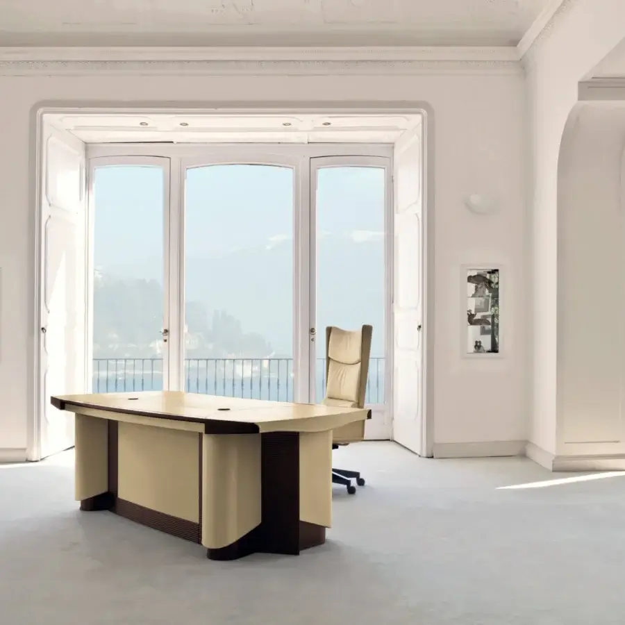 Exceptional Mascheroni Planet desk crafted in Italy with natural leather upholstery and visible wood trim