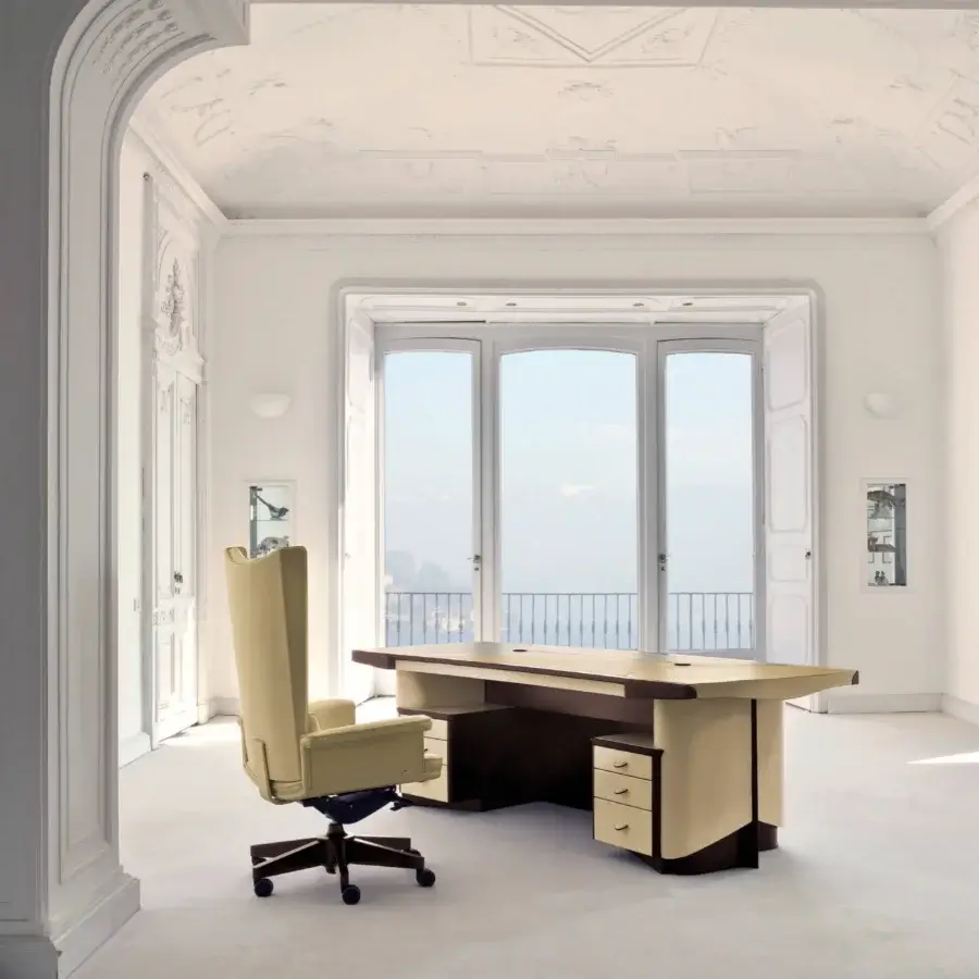 Distinguished Mascheroni Planet desk crafted with executive leather and light-toned wood, exhibiting curved birch plywood and fine handmade details