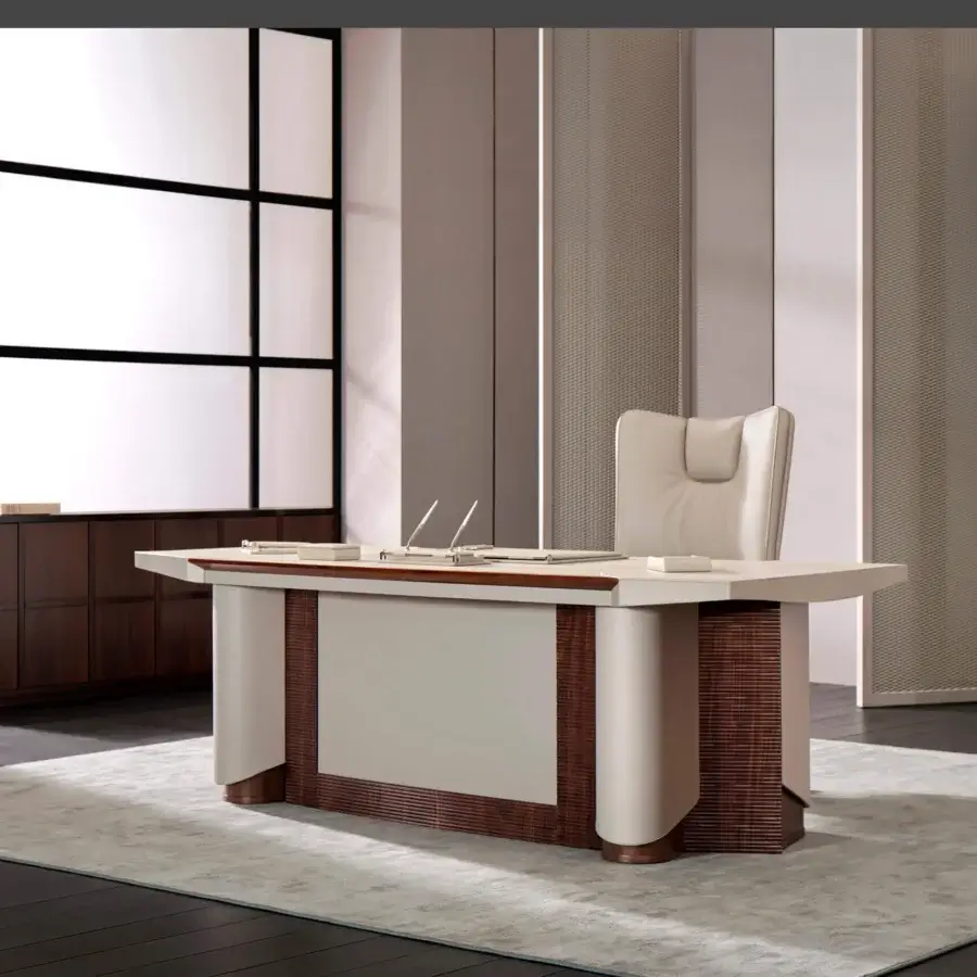 Distinguished Mascheroni Planet desk with geometric form and dark wood accents in matte off-white and horizontal grain detailing crafted in Italy