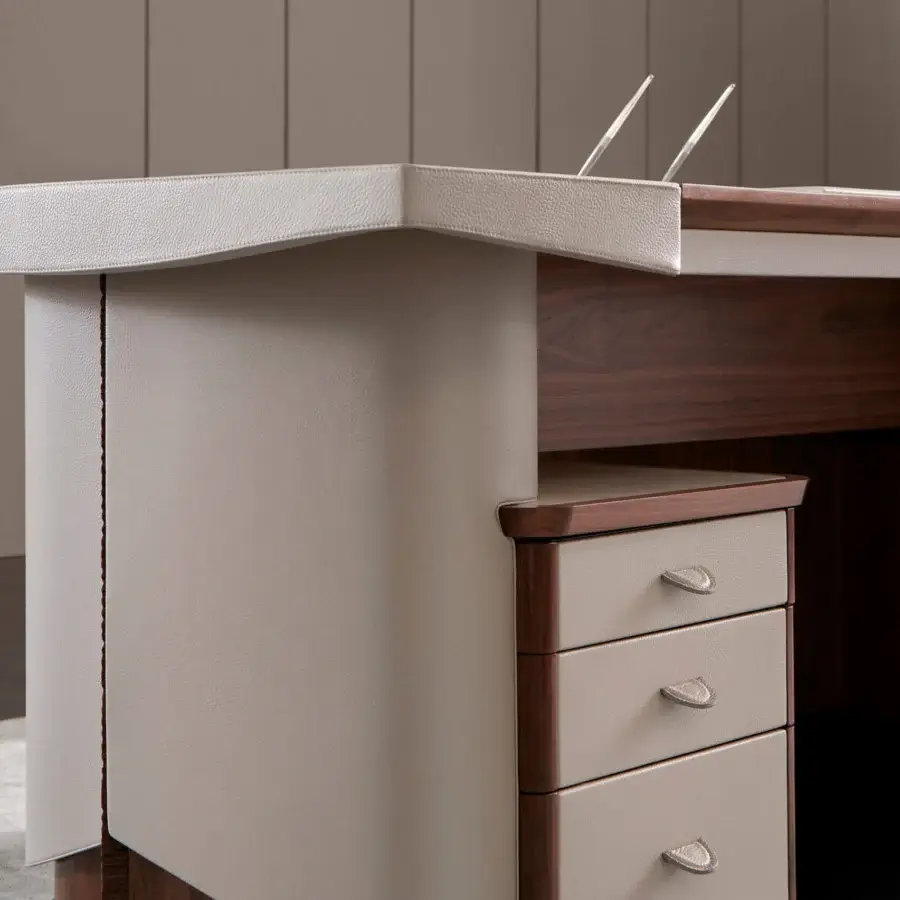 Exceptional Mascheroni Planet desk crafted with light leather and dark wood elements in a meticulous finish