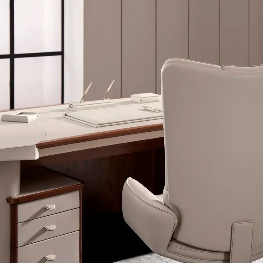Superior Mascheroni Planet desk with rounded geometric form built in natural leather and wood with handmade refinish
